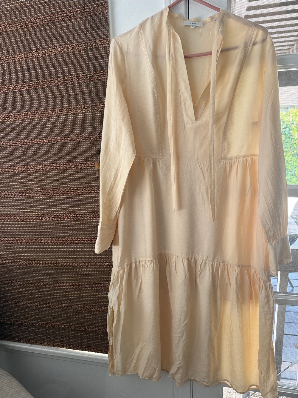 Vince Cream Tiered Long-Sleeve V-Neck Dress